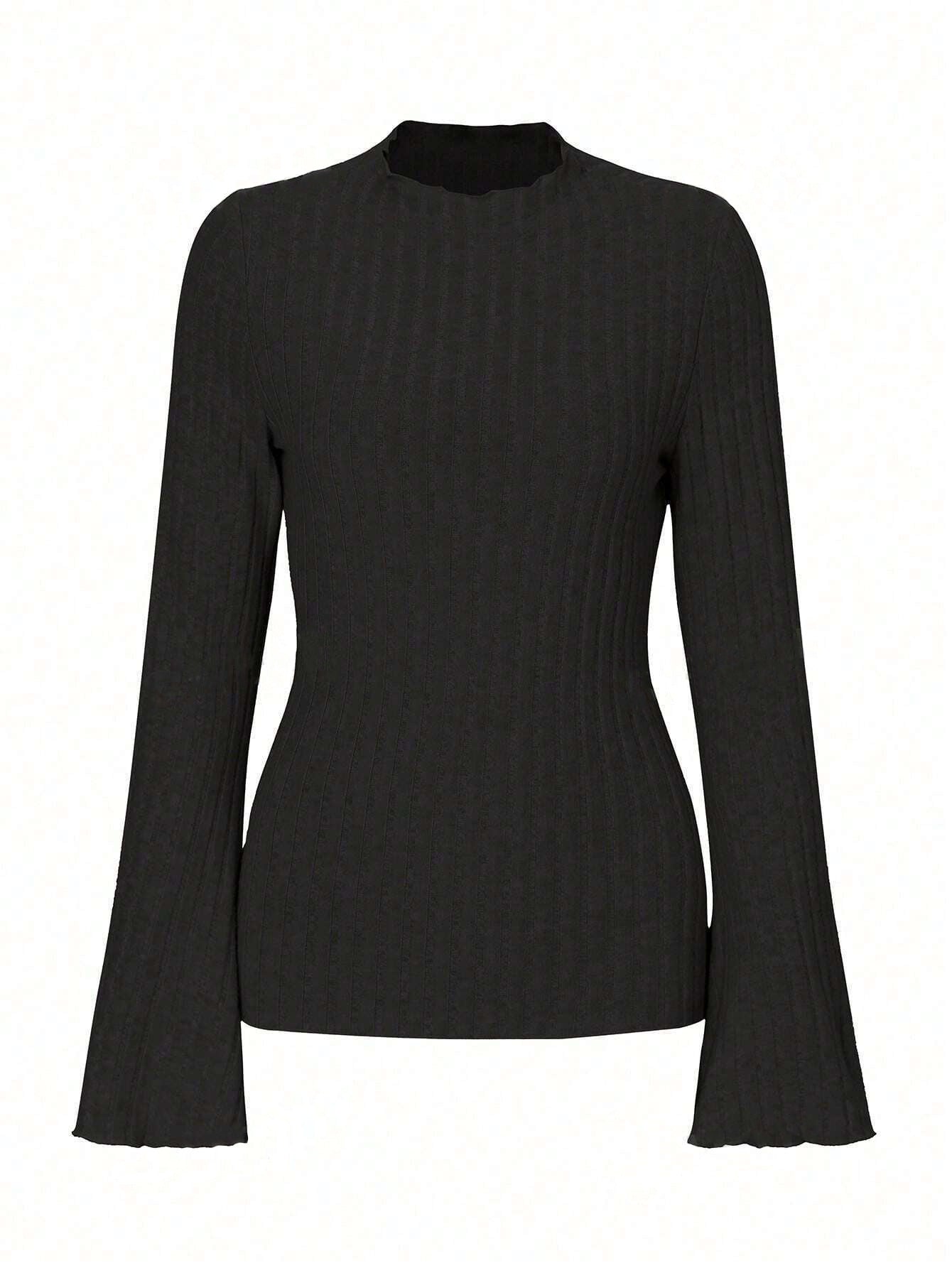 Long Sleeve Round Neck Brushed Sunken Stripe Solid Color Slim Fit Top