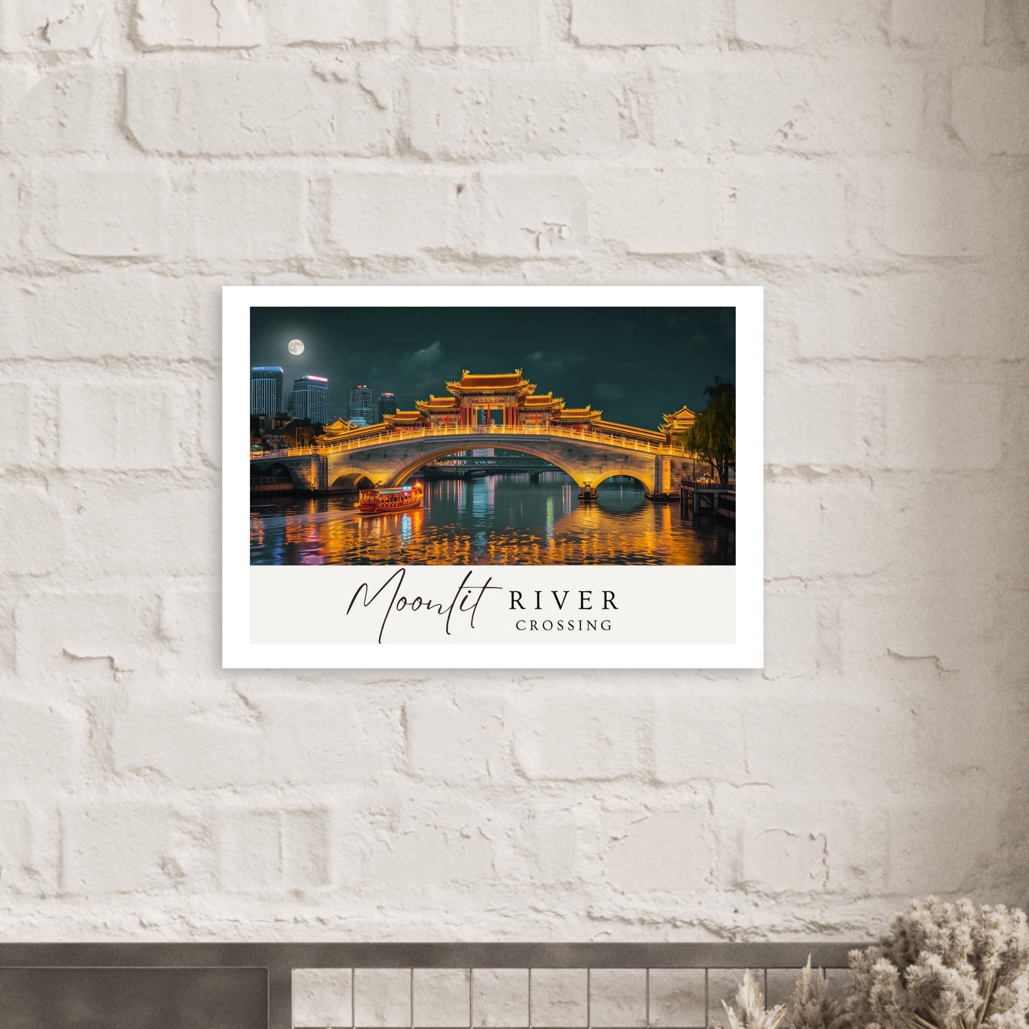 Moonlit River Crossing Poster - Illuminated Bridge Night Scene - Modern Landscape Wall Art Print