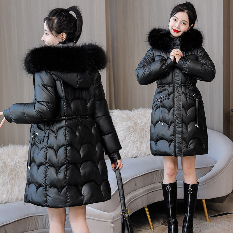 Glossy Women's Mid-length Thickened Warm Slim-fit Figure Flattering Fur Collar Cotton Clothes