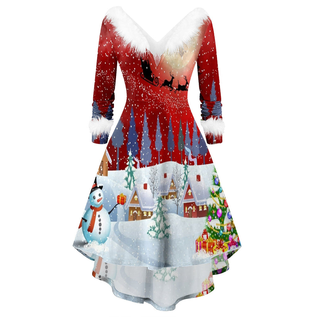 Women's Christmas Long Sleeve V-neck Irregular Dress