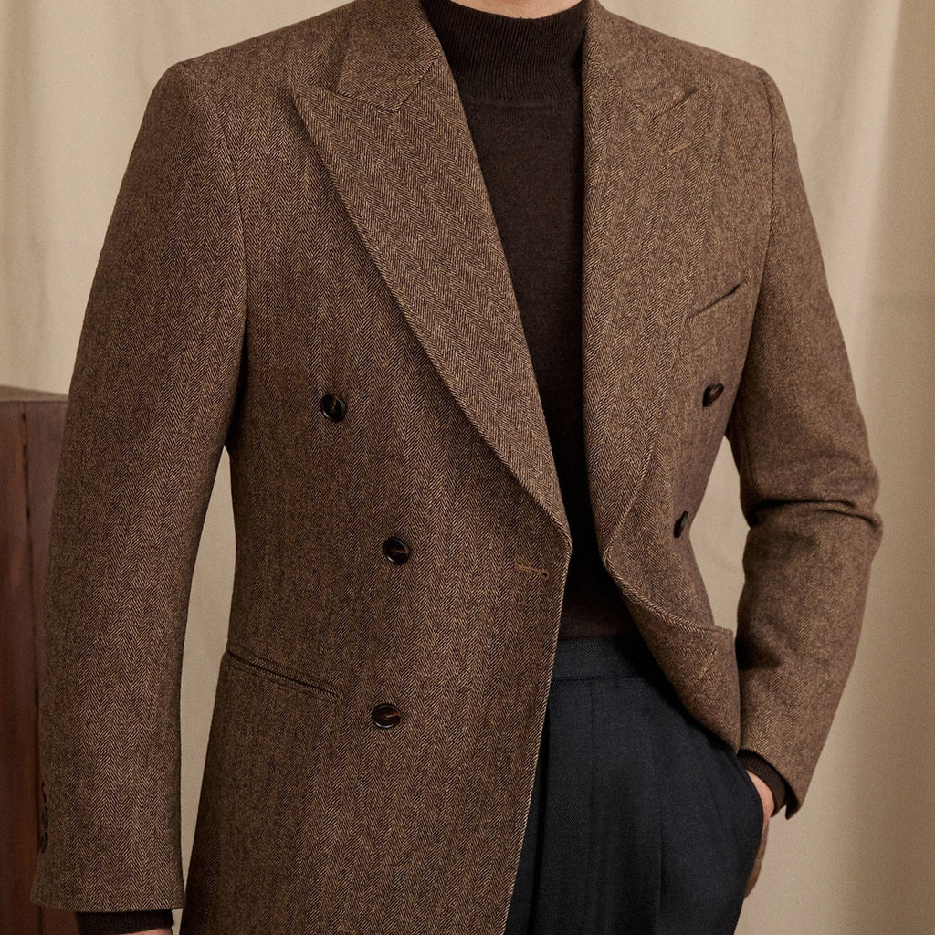 Men’s Tailored Wool-blend Herringbone Double-breasted Suit Jacket