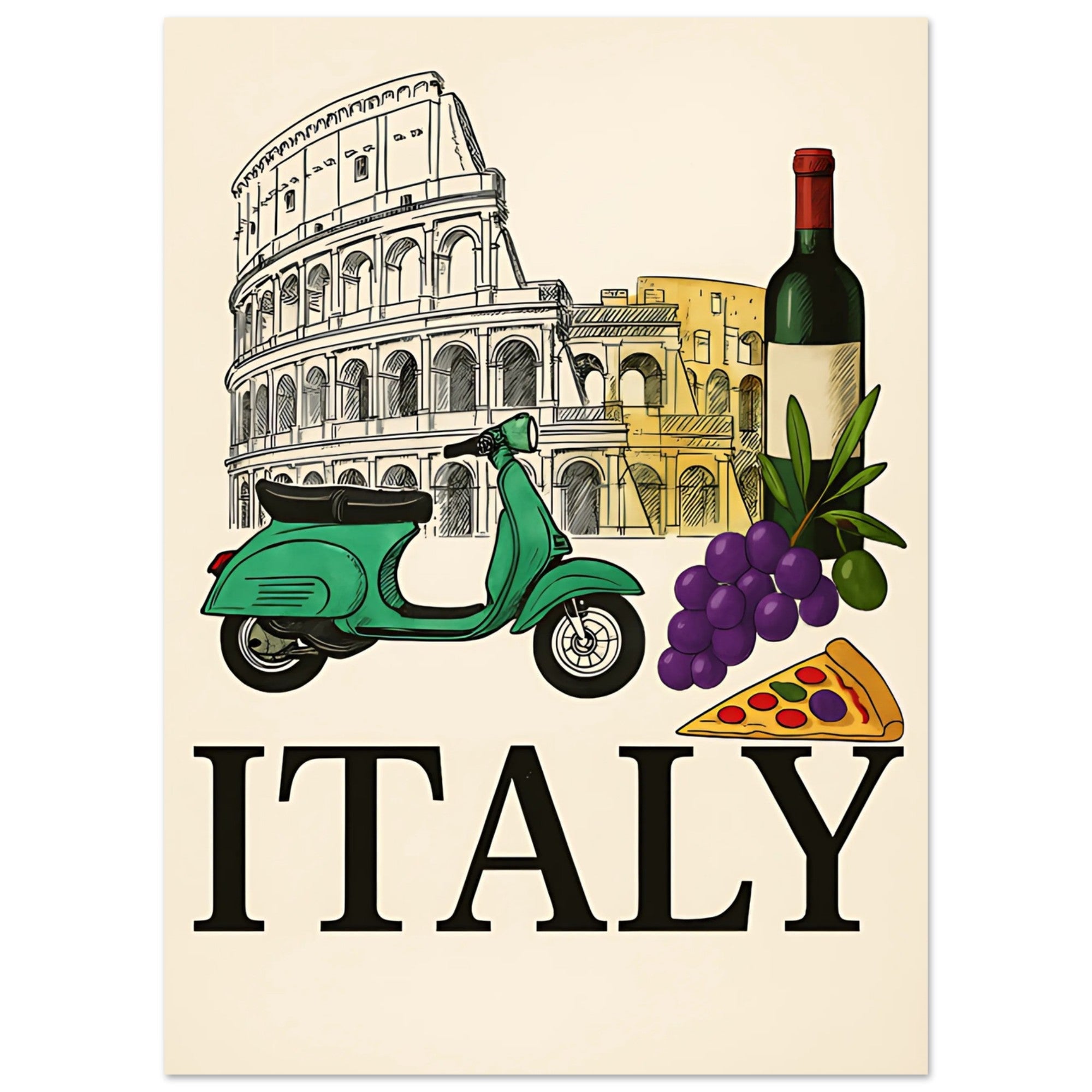 Vintage Italy Travel Poster - Vespa, Pizza & Wine - Italian Home Decor