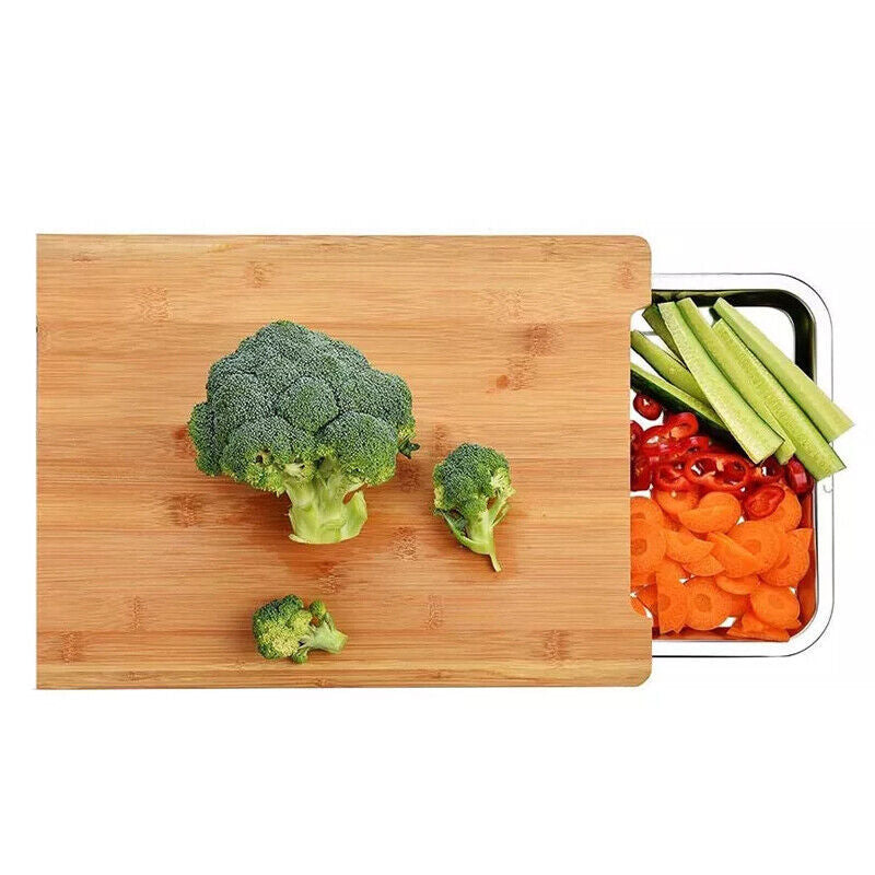 Bamboo Wooden Chopping Board Cutting Slicing  Sliding Stainless Steel Tray