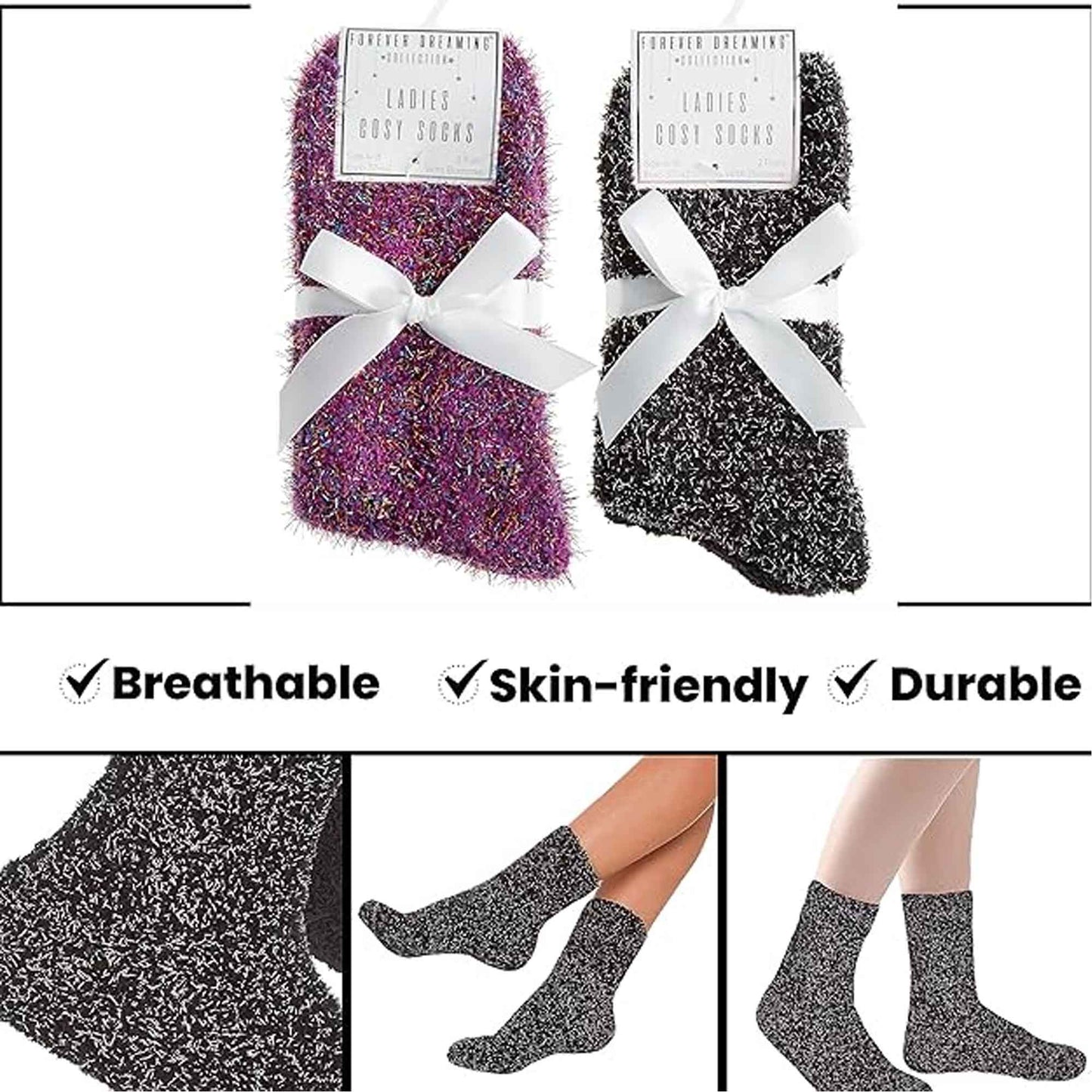4 Pack Womens Fluffy Cozy Warm Slipper Socks Fuzzy Soft Comfortable Purple Black UK Sizes 4-8 Perfect Winter Gift by Sock Stack