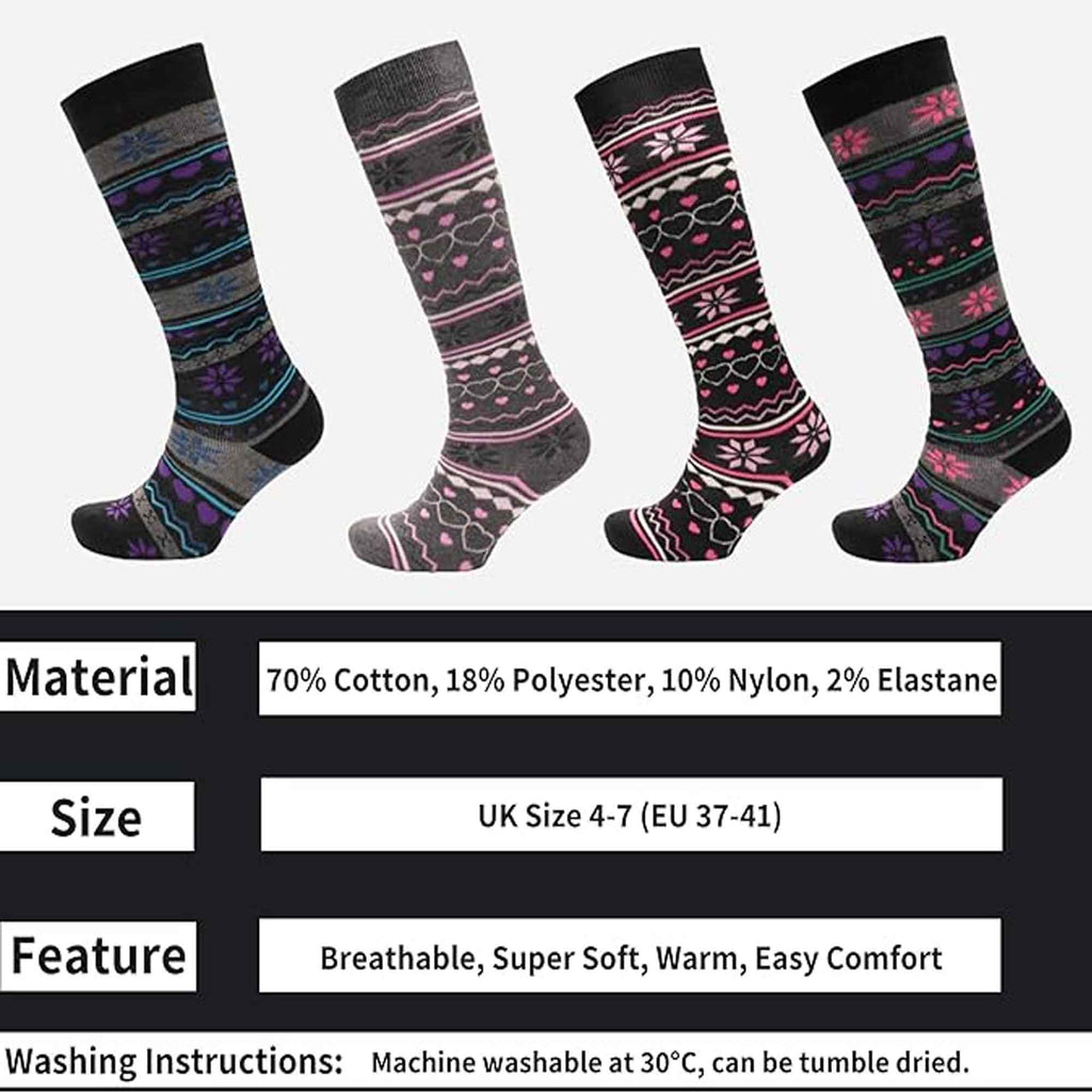 4 Pairs Ladies Ski Boot Socks Knee Length Cotton Rich with Full Cushioning and Thermal Insulation for Warmth and Comfort Fair Isle Pattern Fits Sizes 4-7 by Sock Stack
