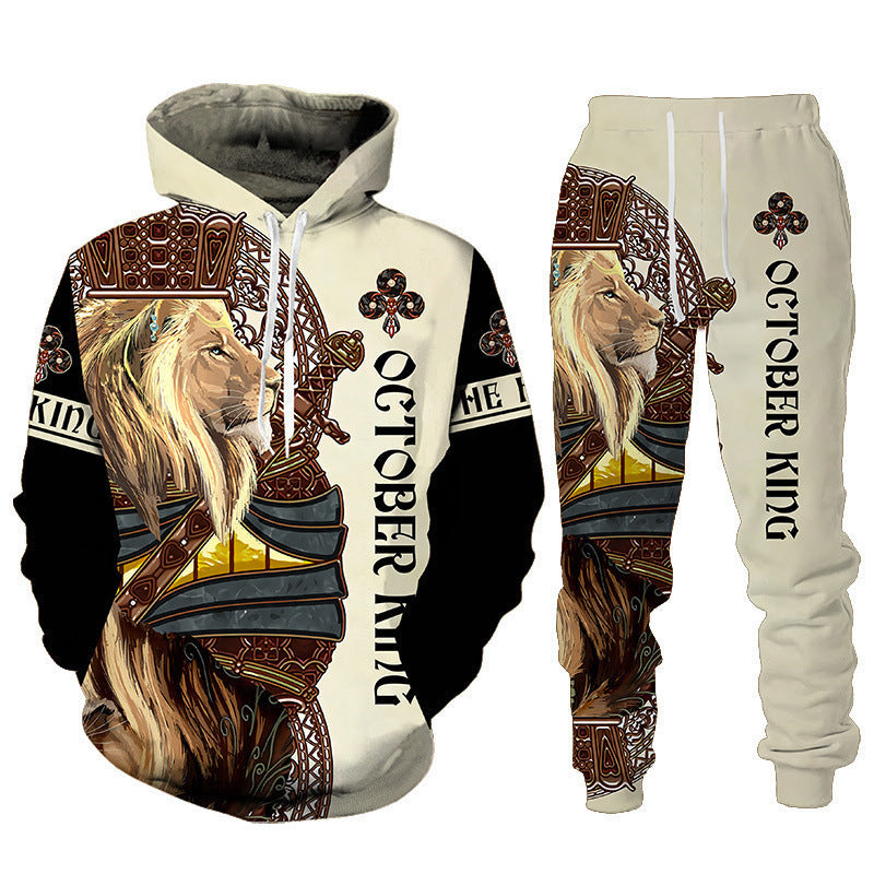 3D Lion Printing Hooded Pullover Men's Suit