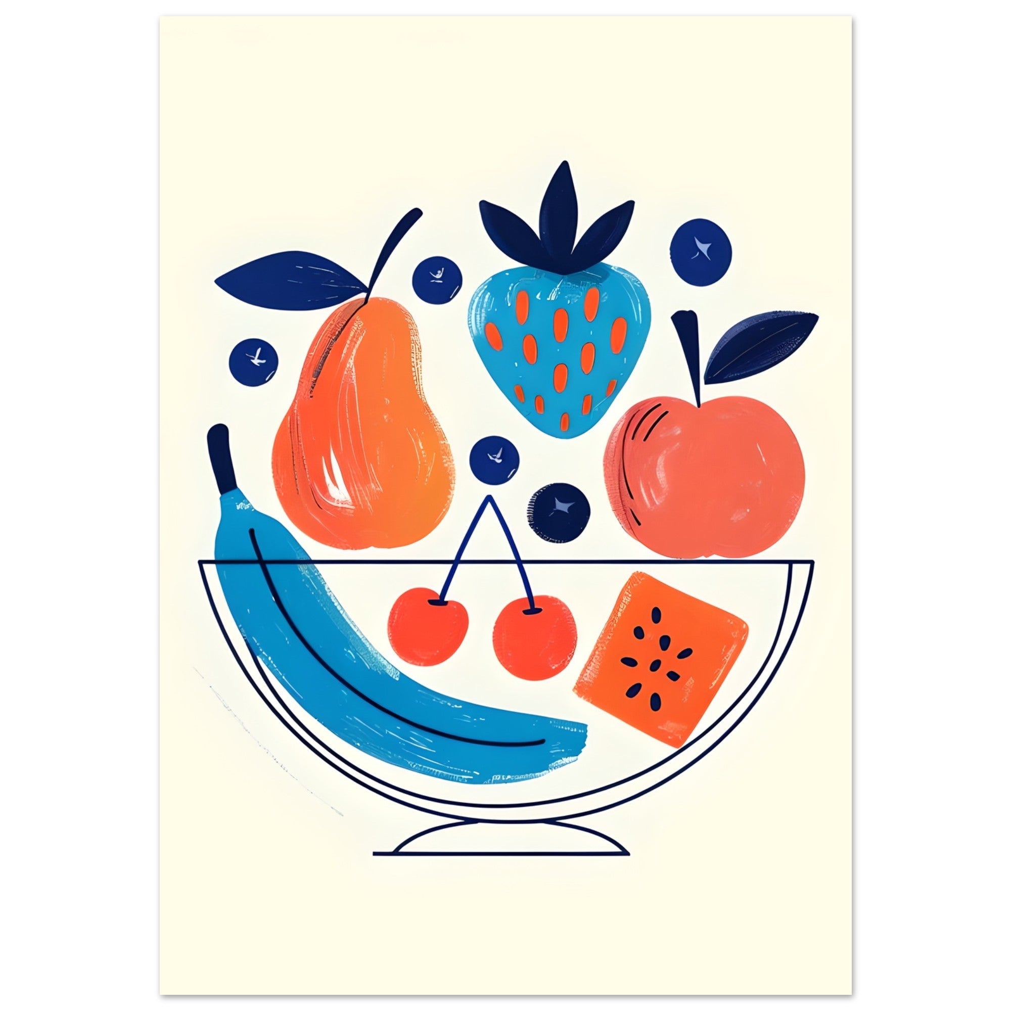 Modern Fruit Bowl Poster - Scandinavian Kitchen Wall Art - Colorful Food Illustration Print