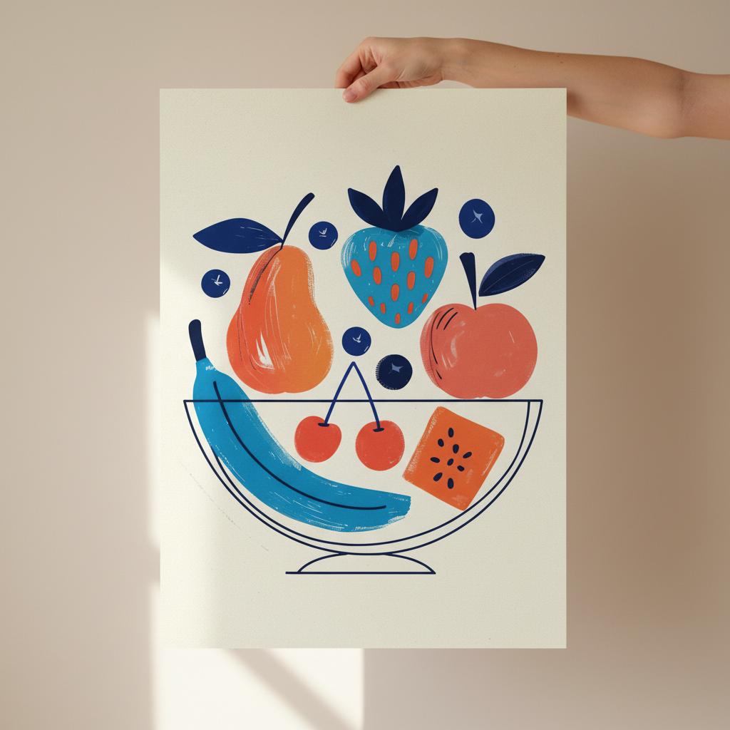 Modern Fruit Bowl Poster - Scandinavian Kitchen Wall Art - Colorful Food Illustration Print