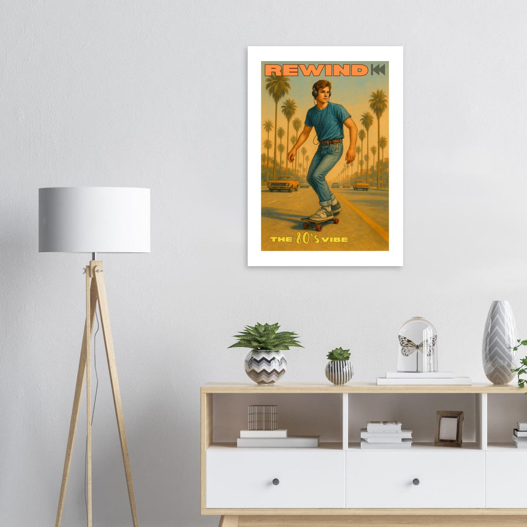 Retro 80's Vibe Poster – Skateboarder with Walkman | Vintage Wall Art