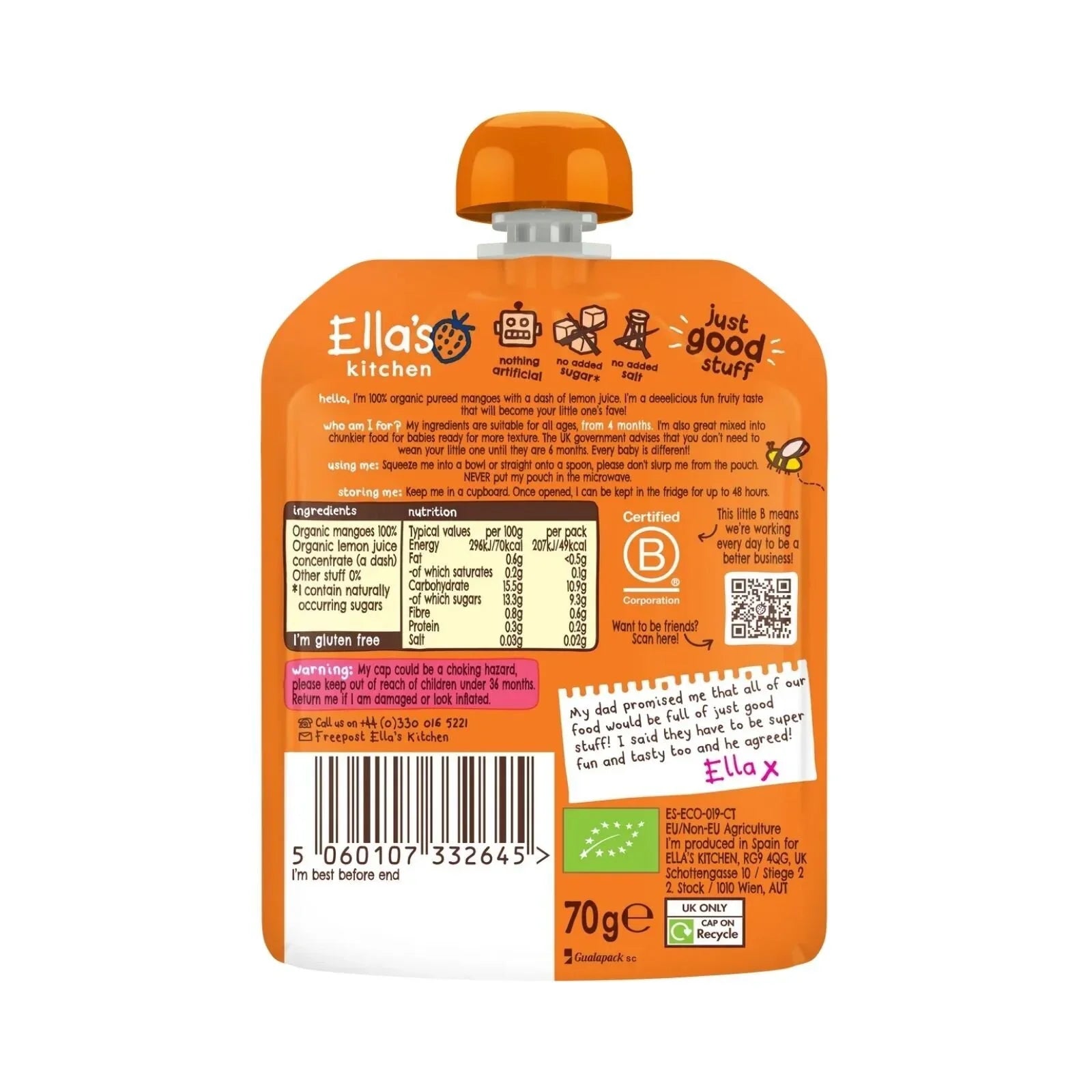 Ella's Kitchen Organic Mangoes First Tastes Baby Food Pouch 4+ months 70g