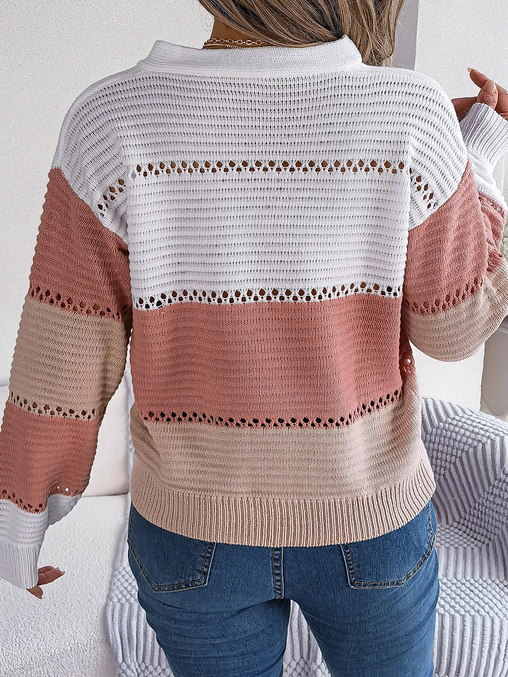 Women Casual Button V-Neck Hollow Out Color Block Lantern Sleeve Pullover Sweater