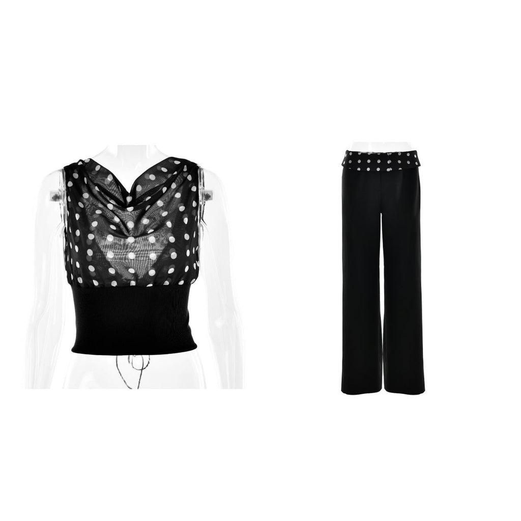 Polka Dots Print Oblique Shoulder Tops Summer Patchwork Chiffon Crop Top Women Sexy Sleeveless Lace Up Backless Blouse Casual Streetwear Tee