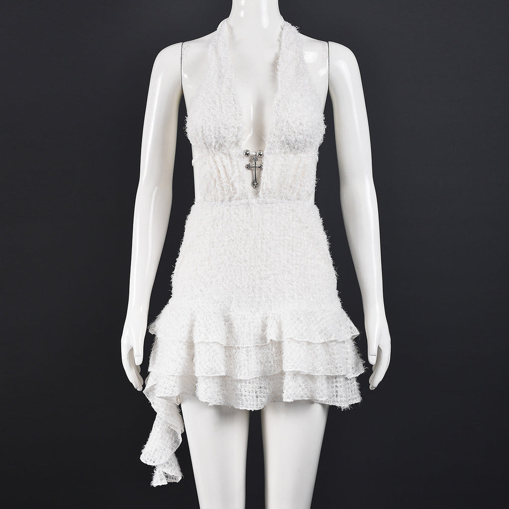V-neck Hollow-out Pouf Skirt With Neck-tie Straps And A Backless Fine-fiber Mini Skirt