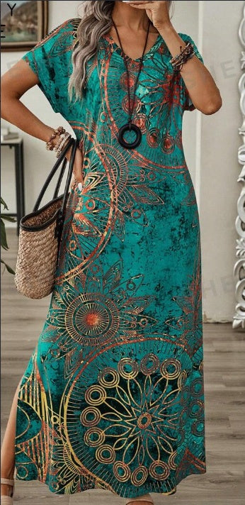 Women's Vintage Floral Print V-Neck Batwing Sleeve Casual Summer Dress Maxi Women Dresses Long Dress