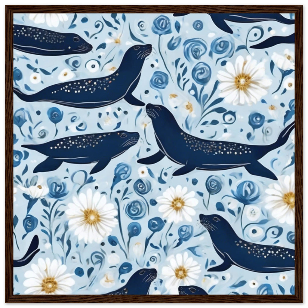 Whimsical Seal and Daisy Framed Wall Art – Coastal Nature Print, Ready to Hang