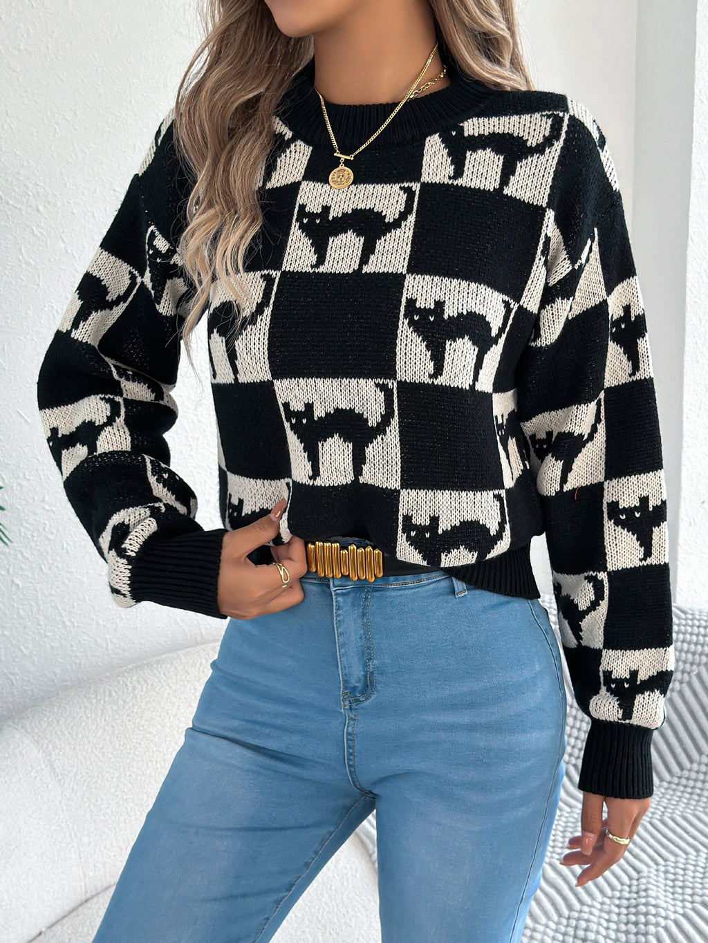 Women Halloween Plaid Lantern Sleeve Long Sleeve Pullover Sweater