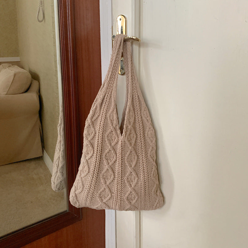 GWomen Shoulder Bags Portable Retro Hollow Knitted Woolen Yarn Bag Shoulder Tote Bag Solid Color Crochet Bag Large Capacity Shopping Tote Bags