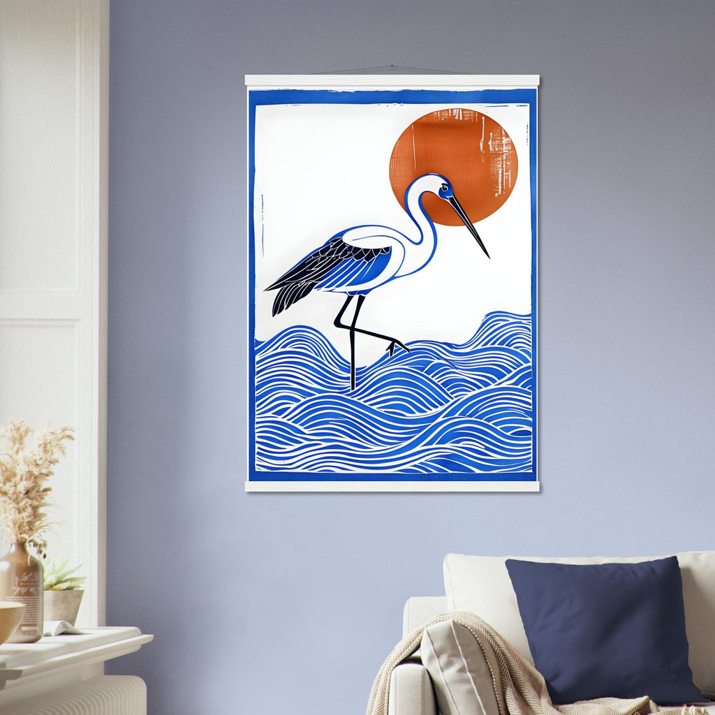 Minimalist Crane Wall Art Poster with Hanger - Japanese Ocean Prints - Modern Home Decor