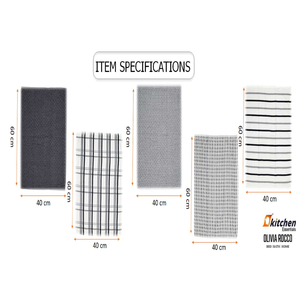 5 Pack Super Absorbent Check Quick Drying Cotton Terry Kitchen Tea Towels Durable Versatile Dish Towels for Home and Professional Use 45cm x 65cm by OLIVIA ROCCO