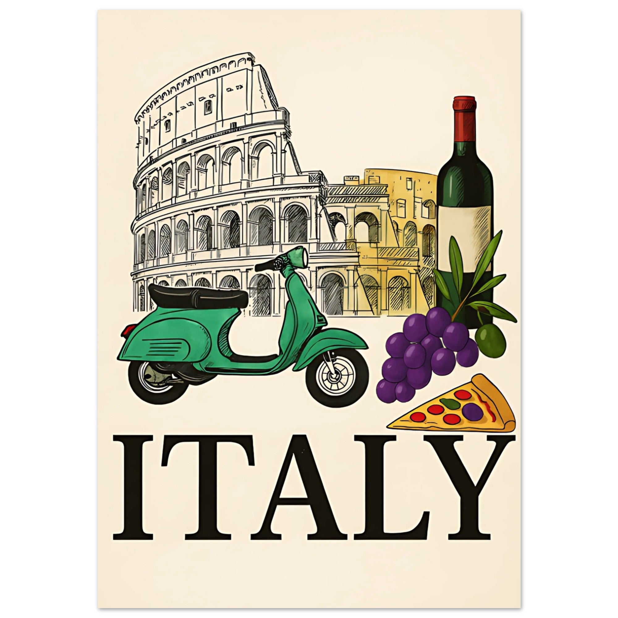 Vintage Italy Travel Poster - Vespa, Pizza & Wine - Italian Home Decor