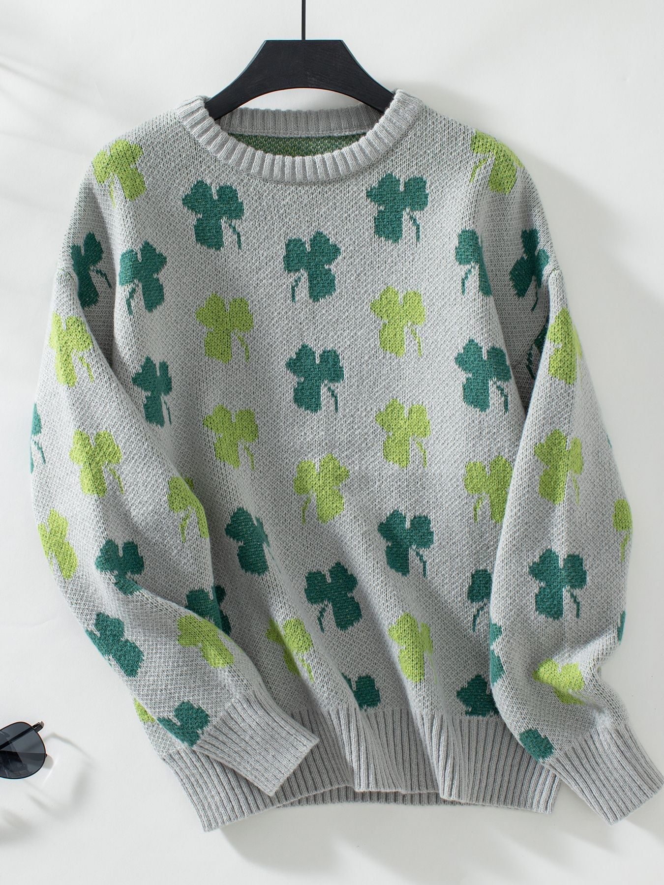 Women's Clover Jacquard Pullover Sweater - Textured Knit Round Neck