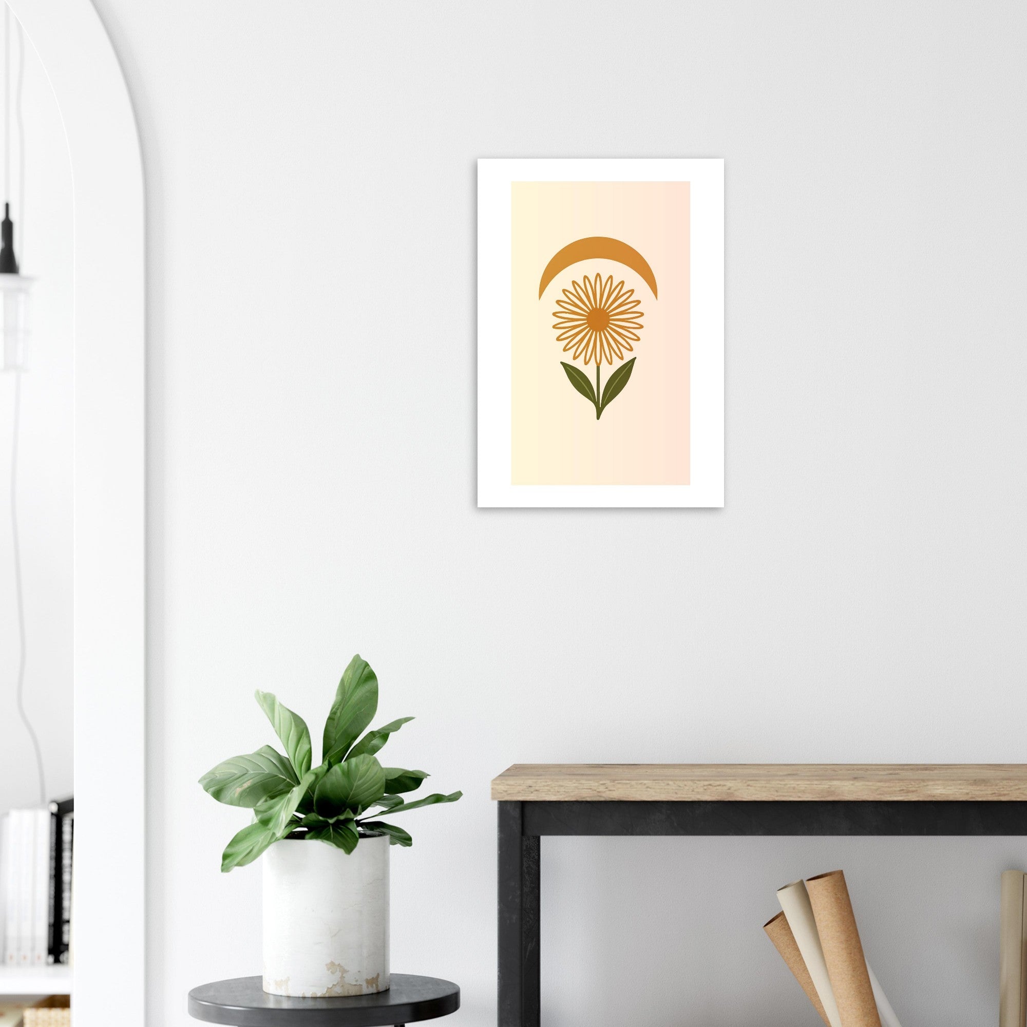 Minimal Flower & Crescent Print - Boho Botanical Poster | Earthy Modern Wall Art