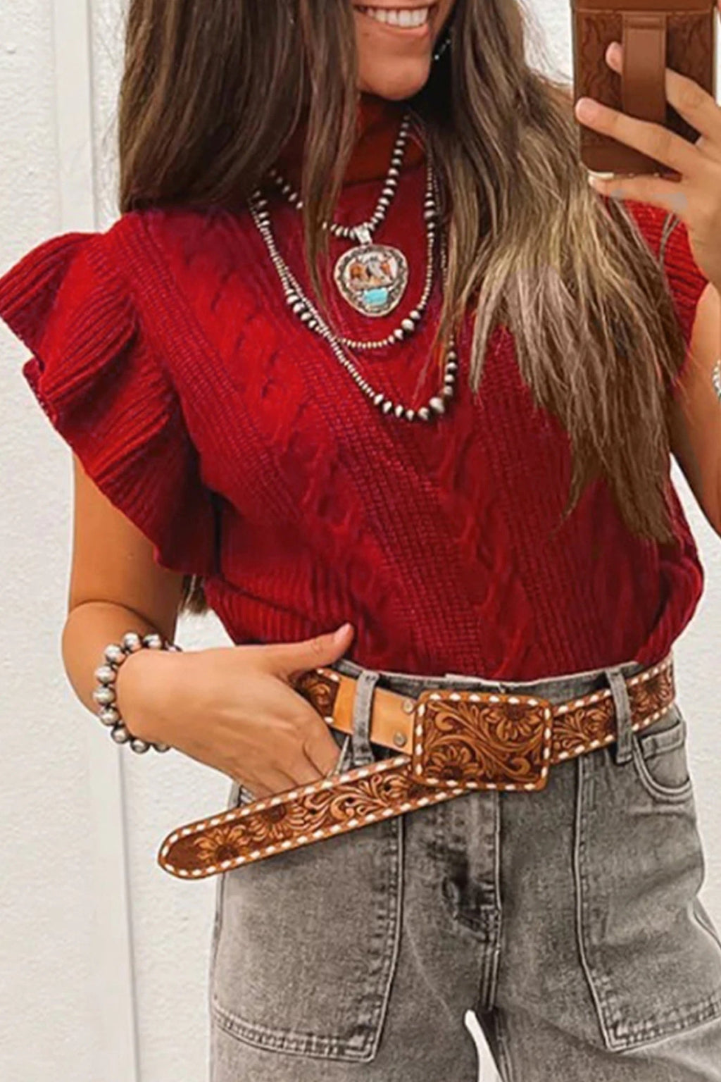 Womens Knitted Turtleneck Ruffle-Trimmed Short-Sleeve Sweater