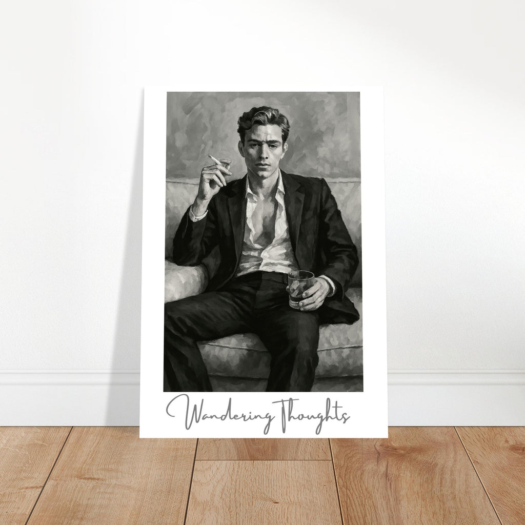 Contemplative Mood Poster. Stylish Man with Whiskey & Cigarette - Retro Decor