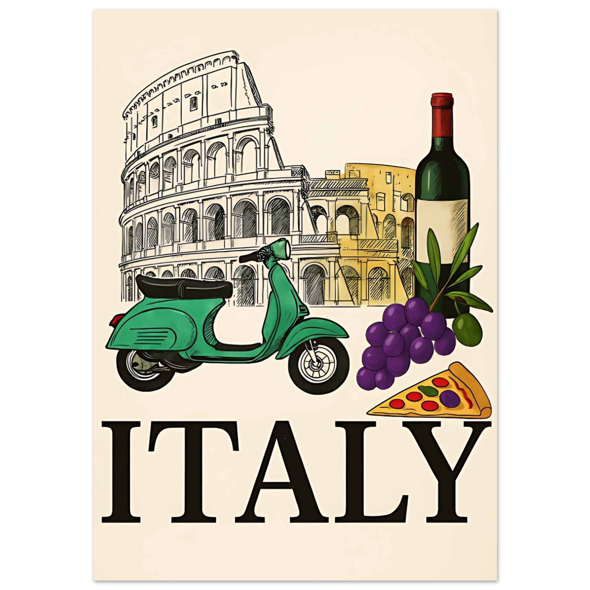 Vintage Italy Travel Poster - Vespa, Pizza & Wine - Italian Home Decor