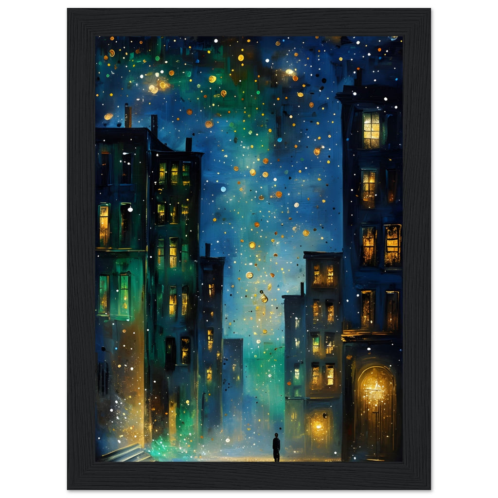 Surreal Urban Night Scene Poster - Vibrant Reflection - Black Framed Art Ready to Hang