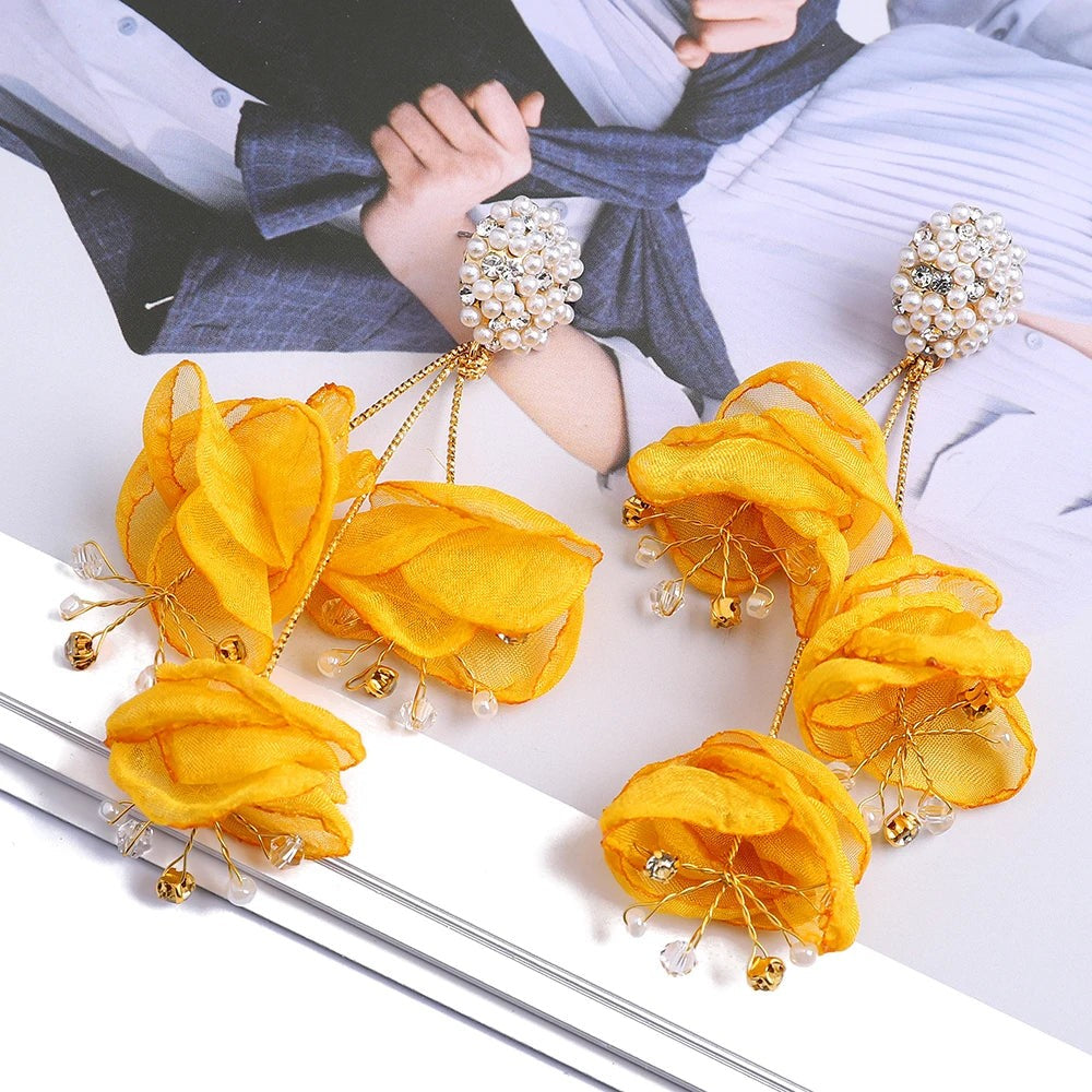Elegant Fashion Yarn Flower Charm Decor Long Dangle Drop Earrings For Women