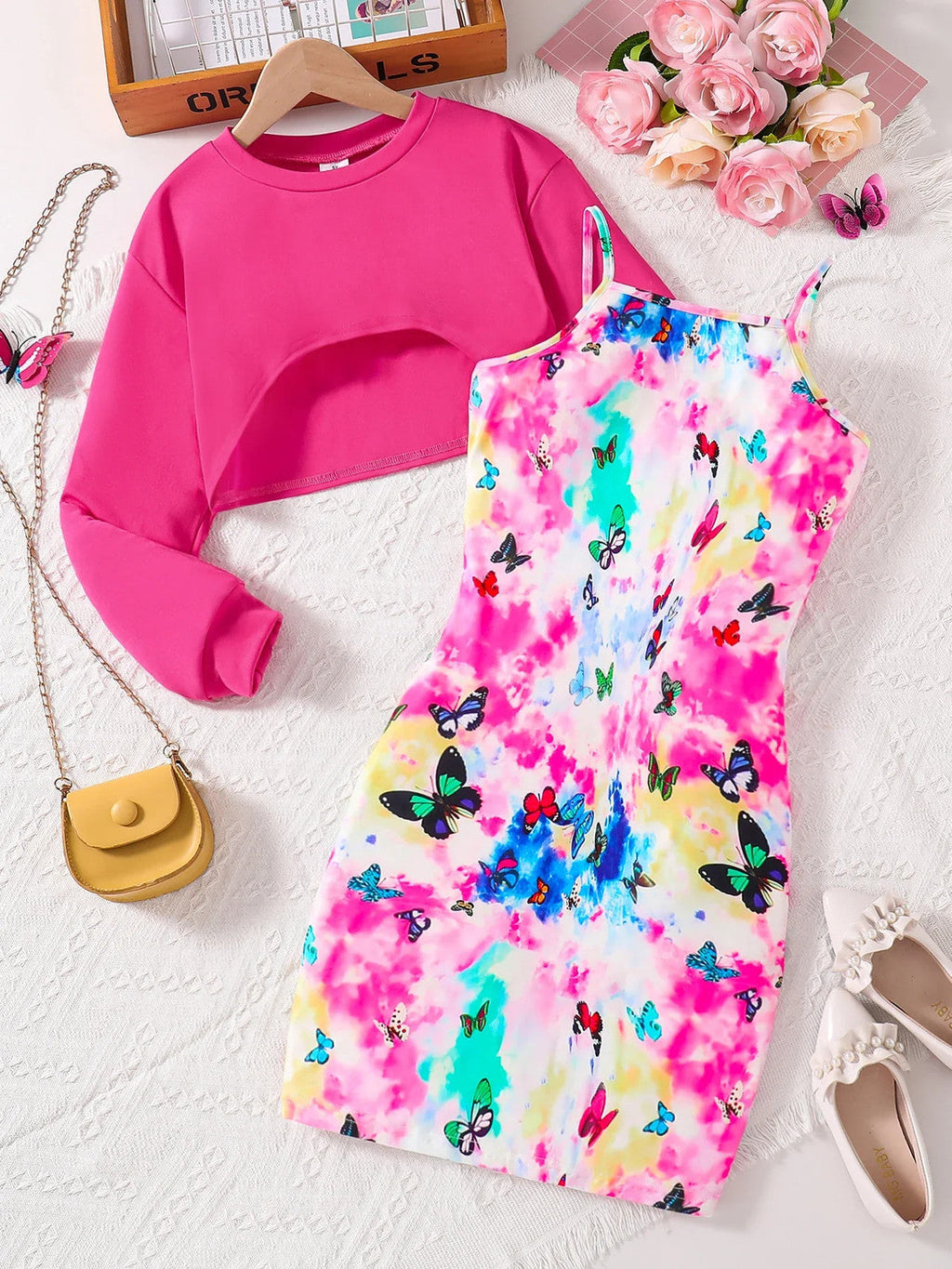 Girls' clothing set autumn fashion solid color round neck short top butterfly
