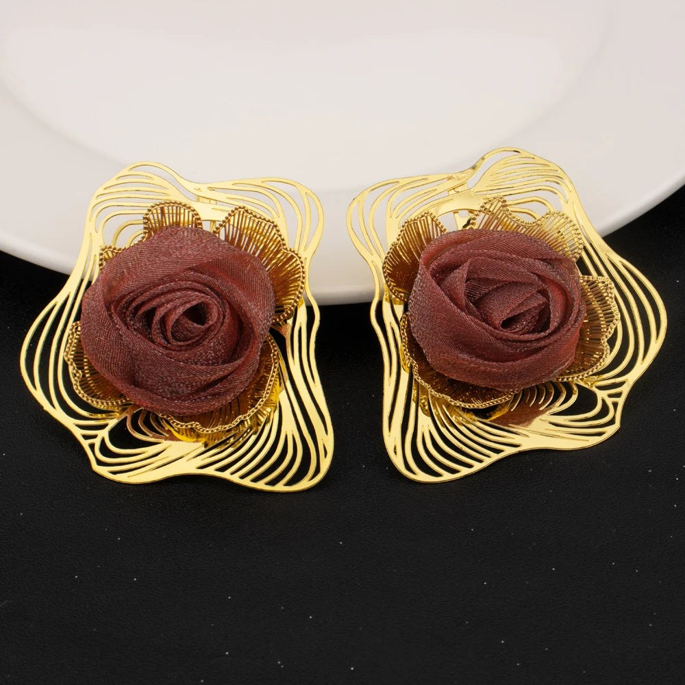 2025 Elegant Gold Plated Green Flower Shape Necklace Earrings Ring Bangle for