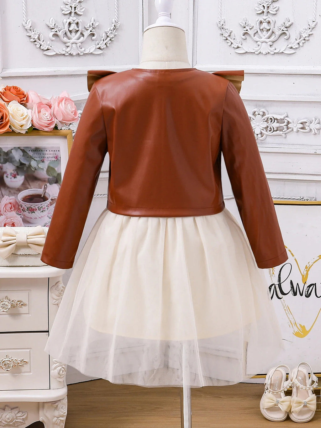 Girls' Spring and Autumn Dress Set New Children's Princess Skirt+PU Leather