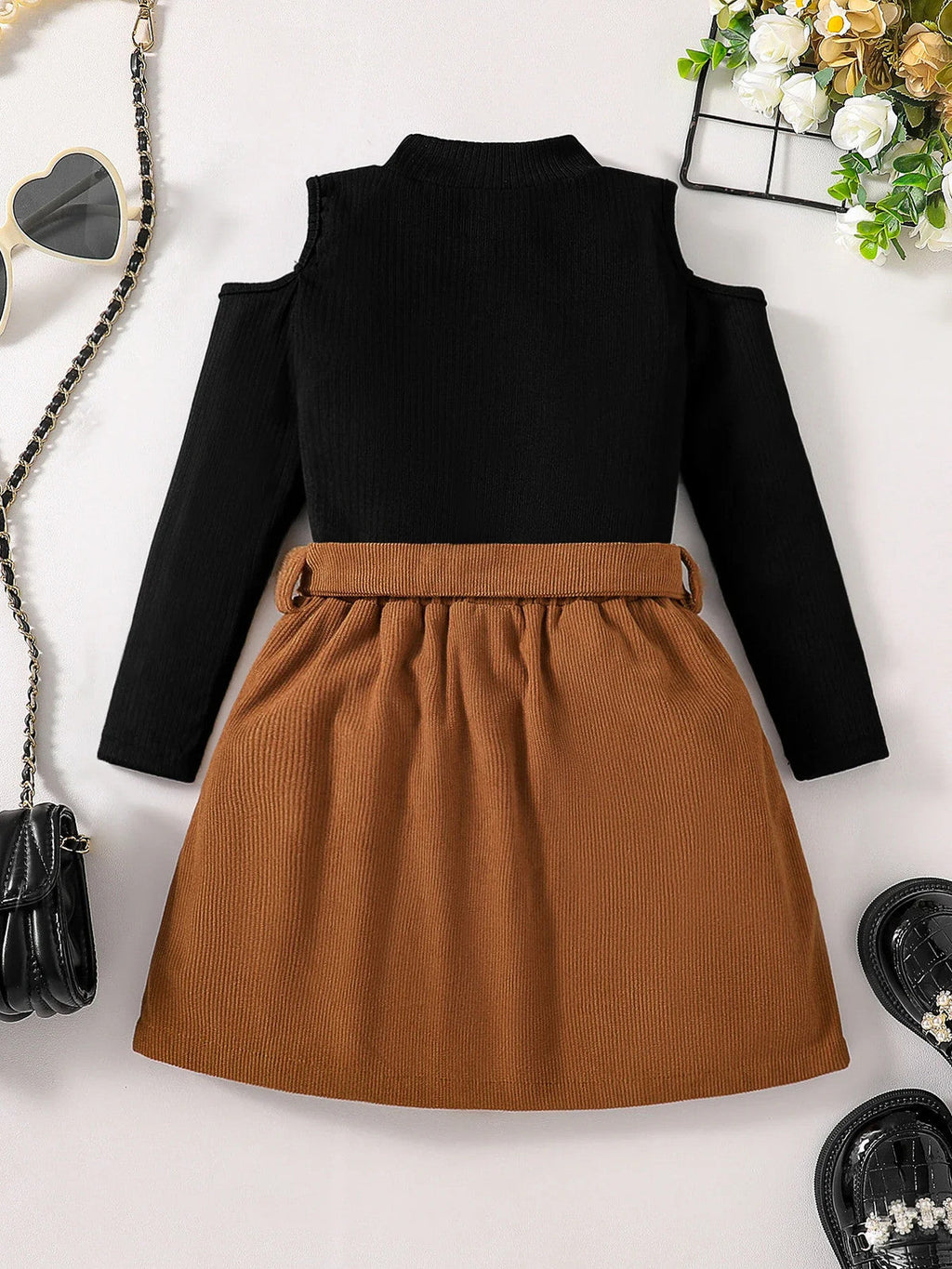 Children's Clothing Girls' Autumn New Fashion Set - Solid Color T-shirt Off