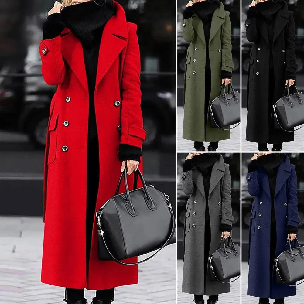Women's Woollen Double-breasted Mid-calf Long Sleeves Jacket