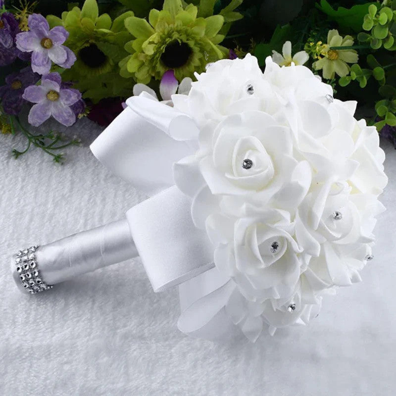 Cheapest PE Rose Bridesmaid Wedding Foam flowers Rose Bridal bouquet Ribbon