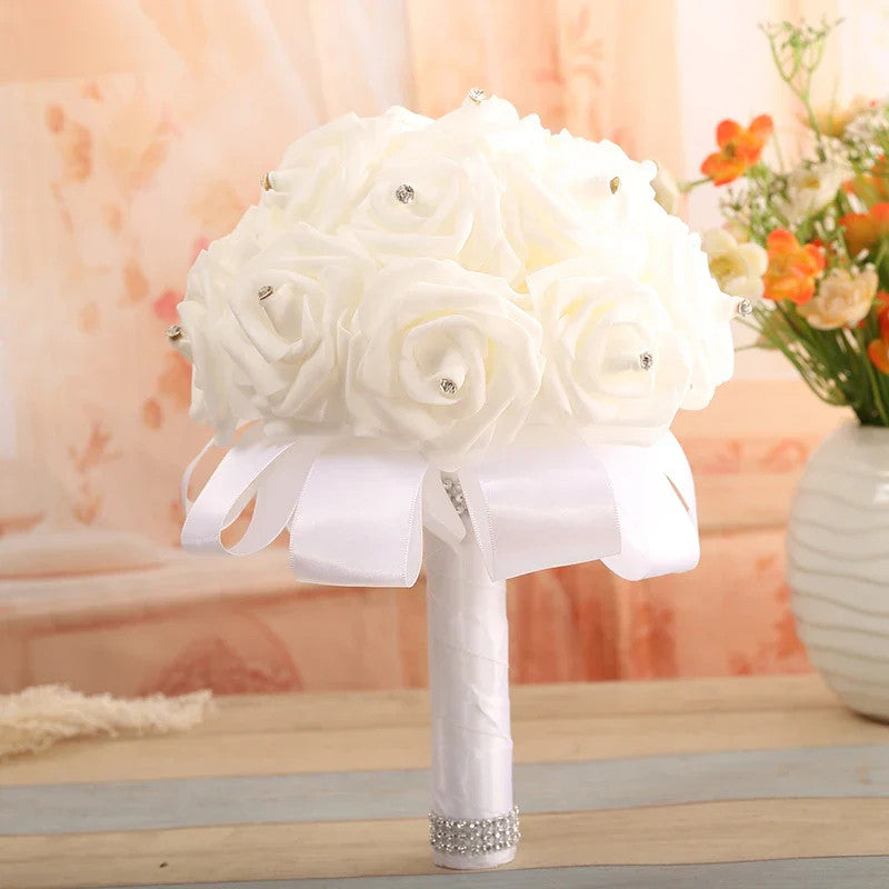 Cheapest PE Rose Bridesmaid Wedding Foam flowers Rose Bridal bouquet Ribbon