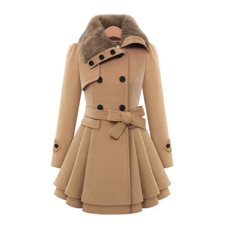 Women's Long Slimming Woollen Jacket Double Row Buttoned Narrow Fit Casual