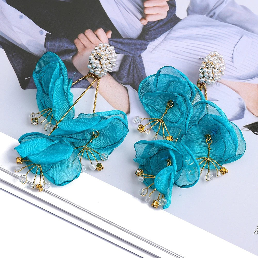 Elegant Fashion Yarn Flower Charm Decor Long Dangle Drop Earrings For Women