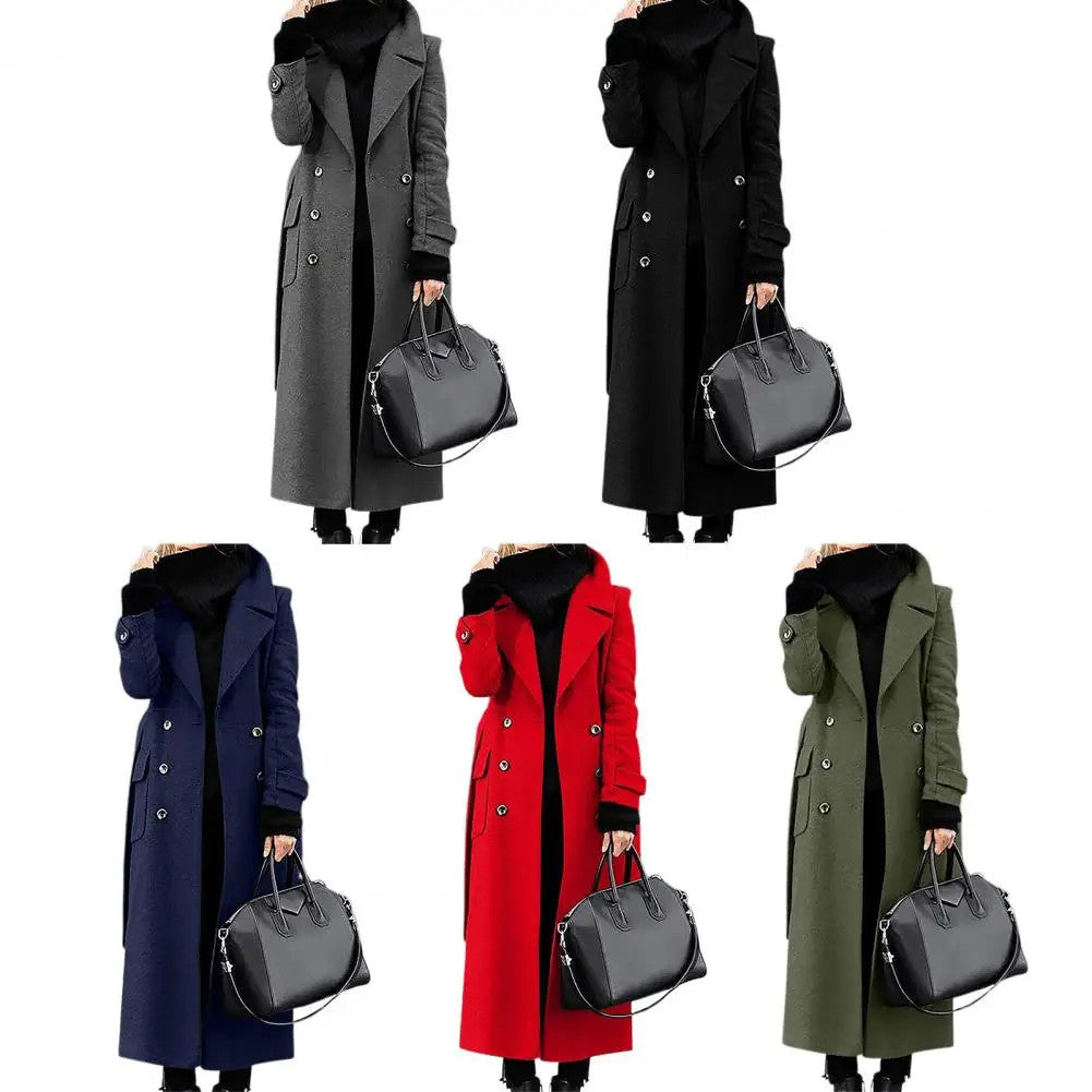 Women's Woollen Double-breasted Mid-calf Long Sleeves Jacket