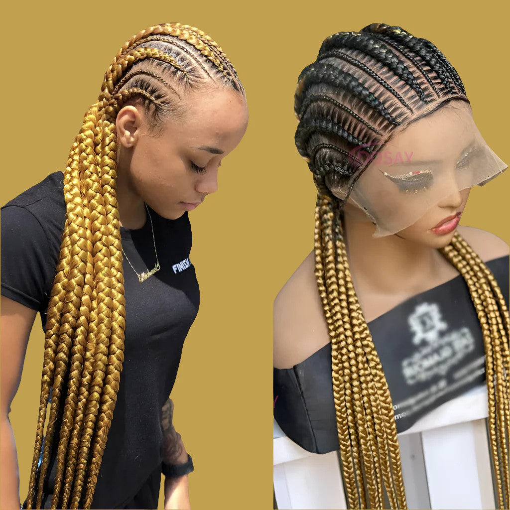36" Cornrows Box Synthetic Hair Braided Wigs #27 Blonde Knotless Full Lace