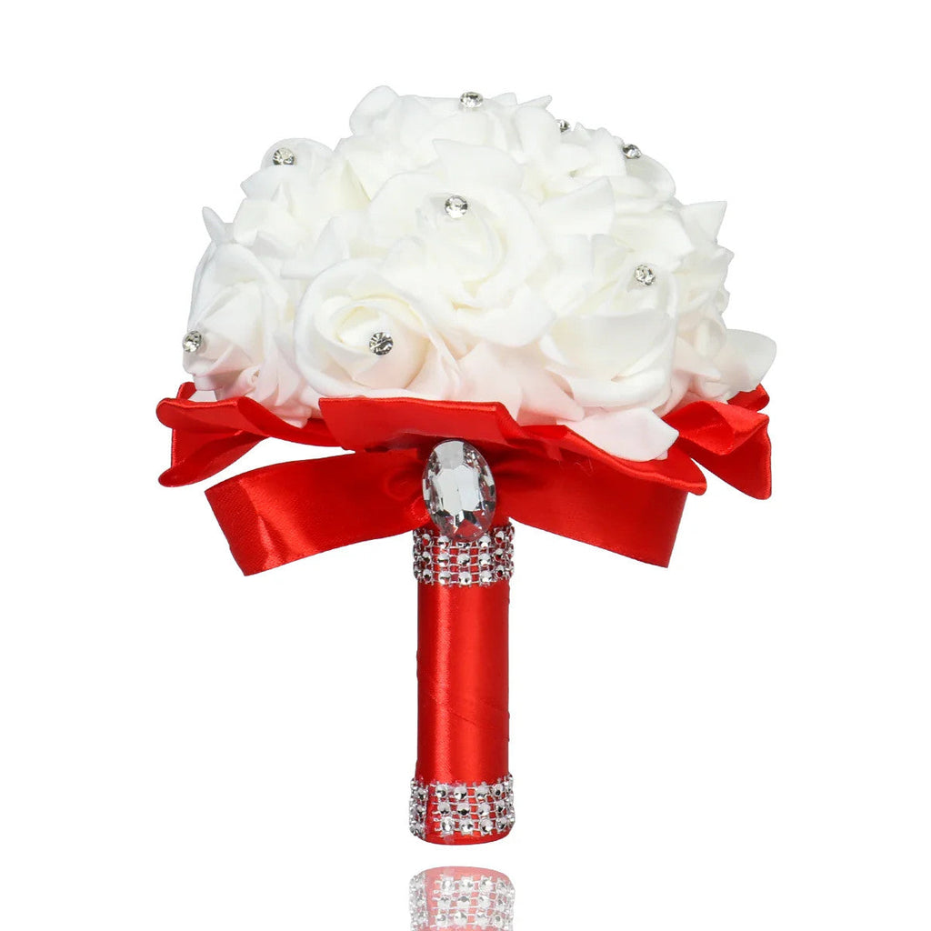 Cheapest PE Rose Bridesmaid Wedding Foam flowers Rose Bridal bouquet Ribbon
