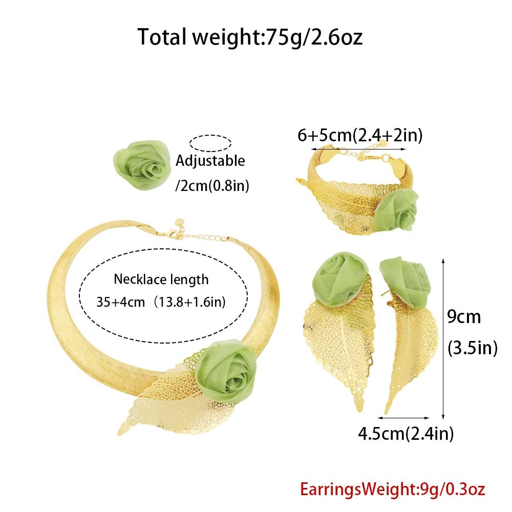 2025 Elegant Gold Plated Green Flower Shape Necklace Earrings Ring Bangle for