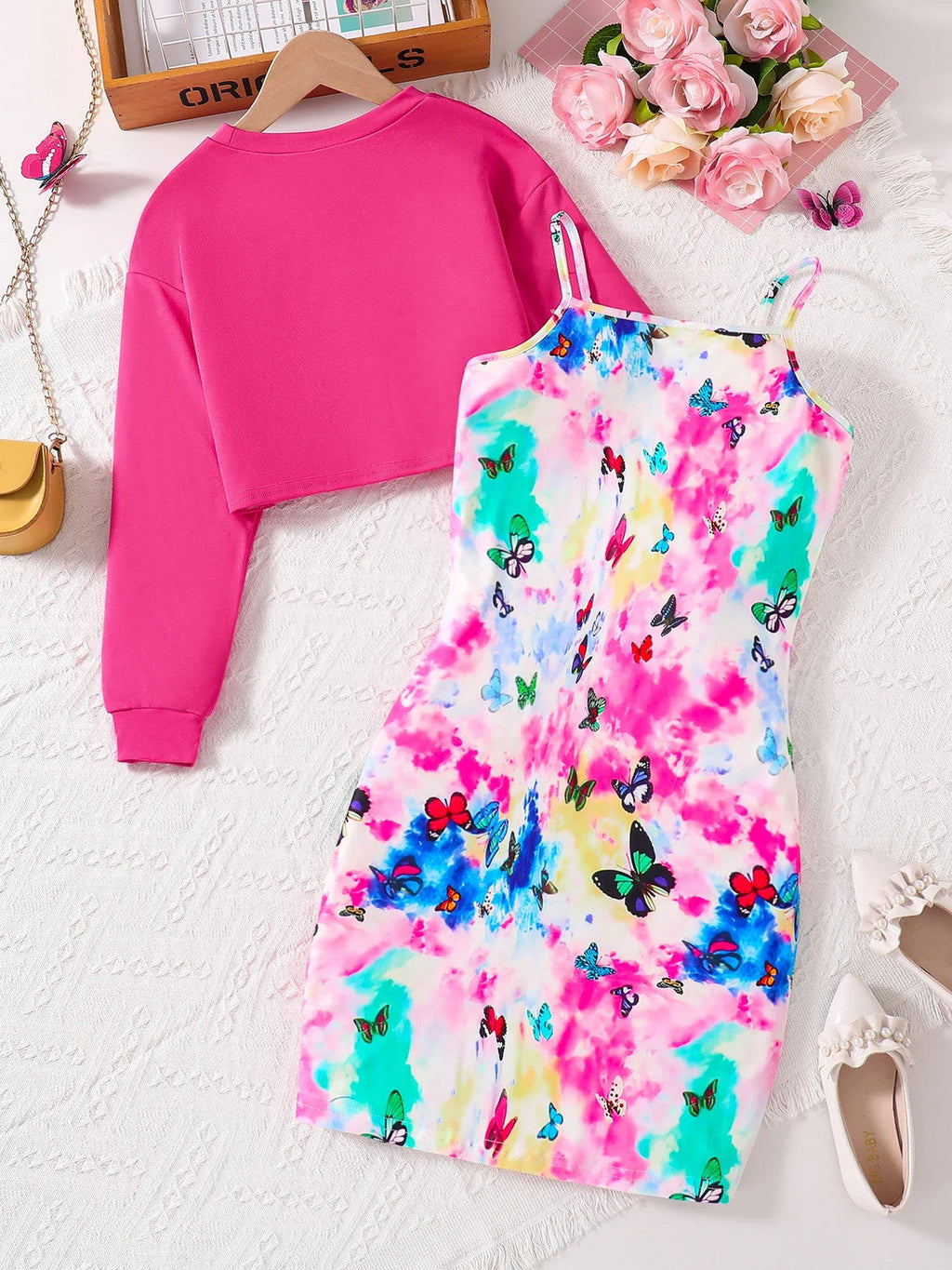 Girls' clothing set autumn fashion solid color round neck short top butterfly