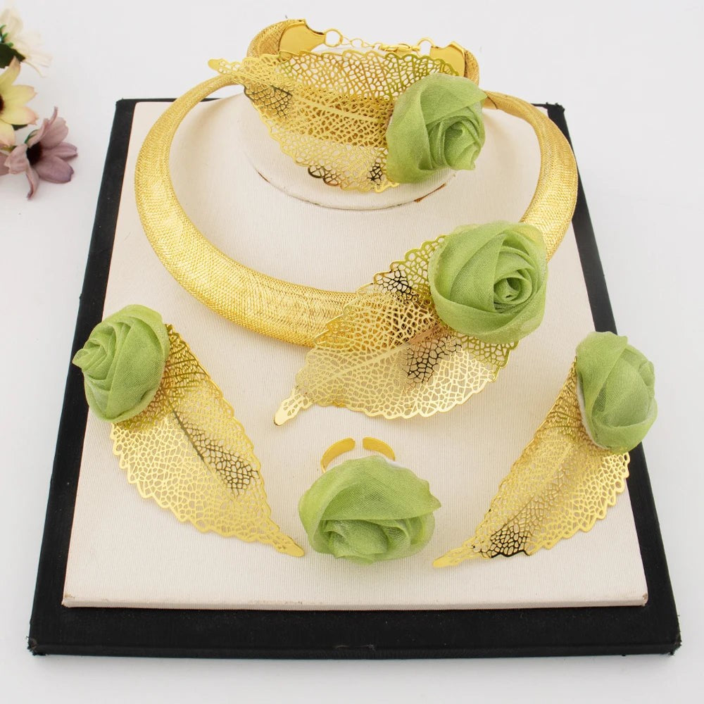 2025 Elegant Gold Plated Green Flower Shape Necklace Earrings Ring Bangle for