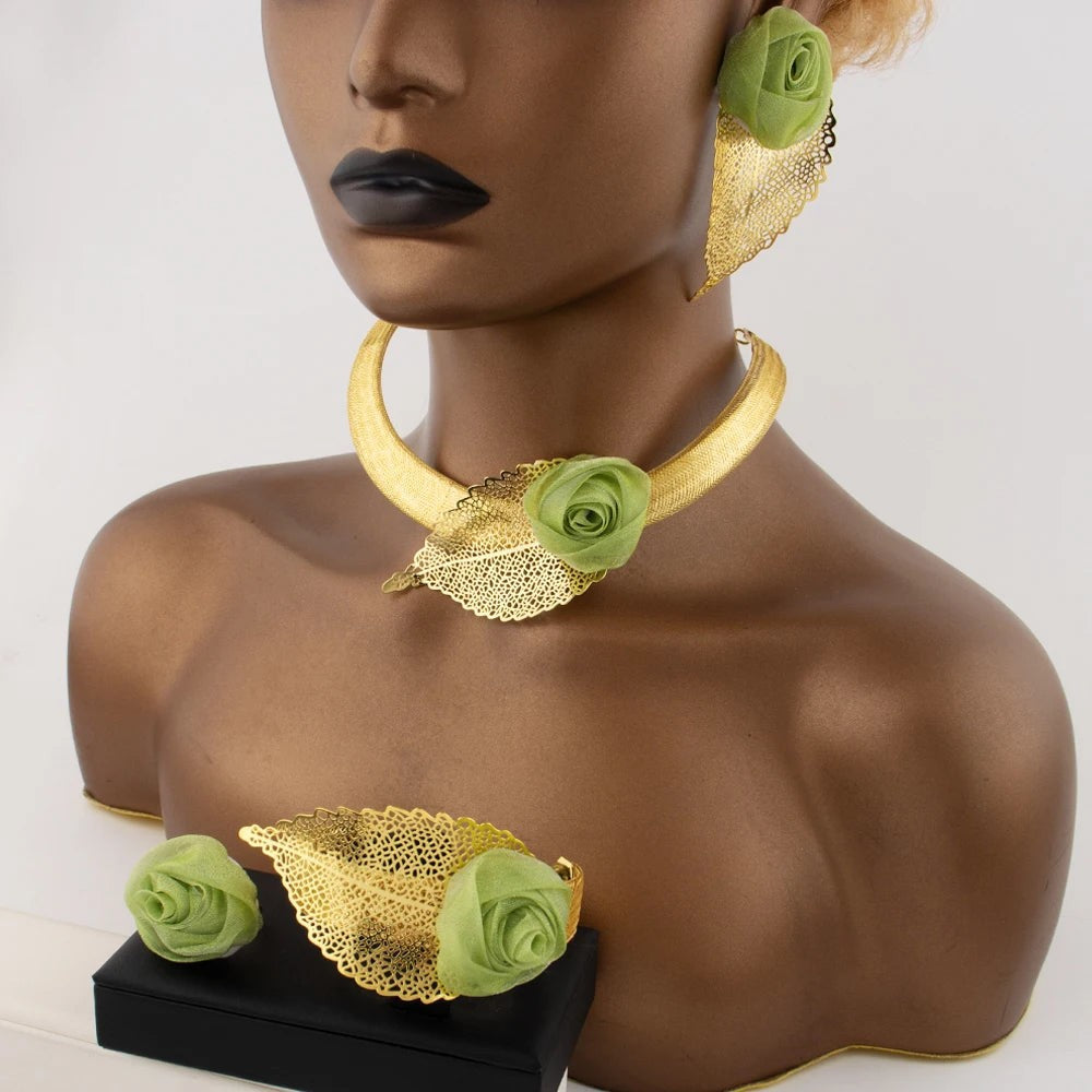 2025 Elegant Gold Plated Green Flower Shape Necklace Earrings Ring Bangle for