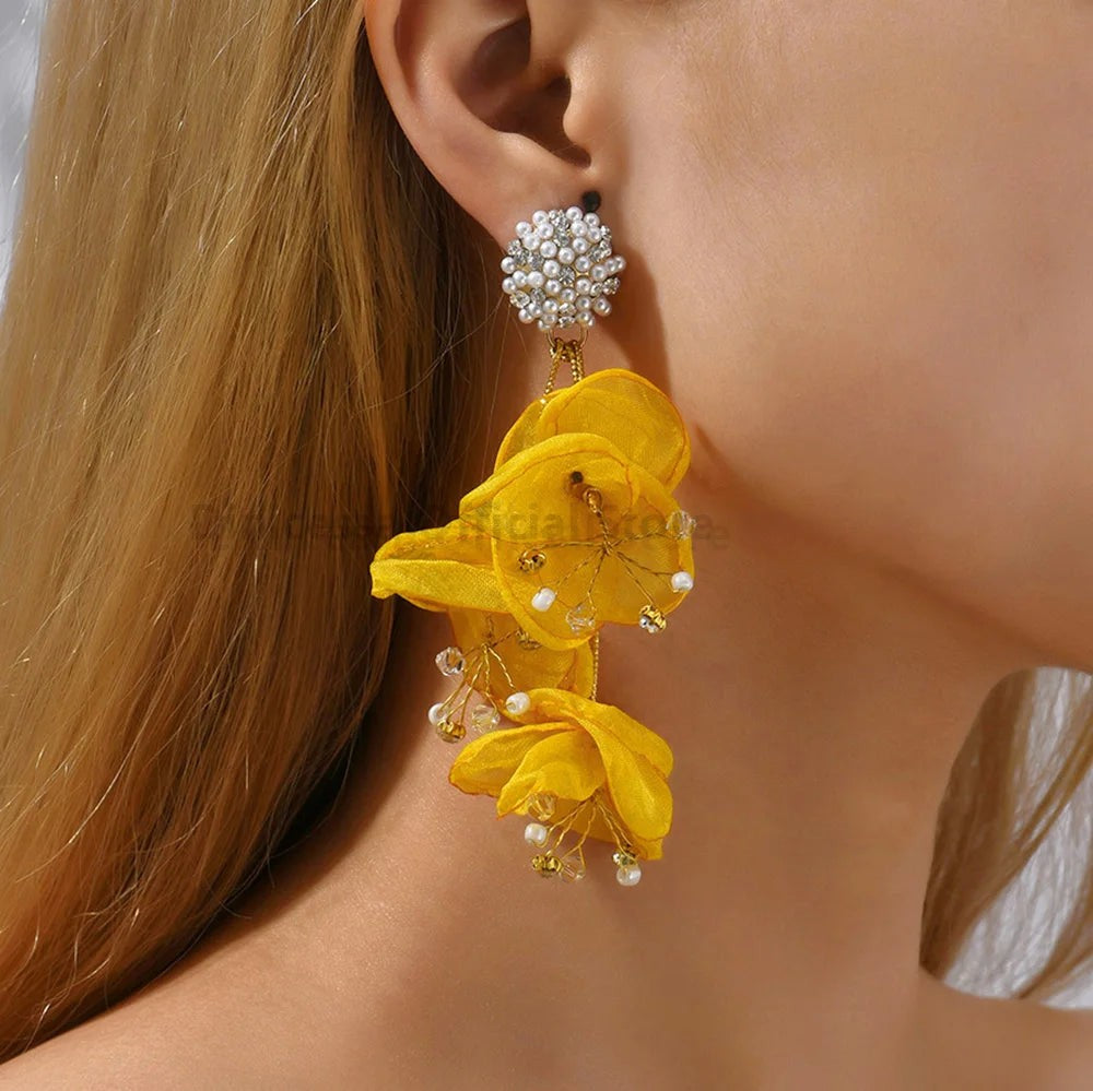 Elegant Fashion Yarn Flower Charm Decor Long Dangle Drop Earrings For Women