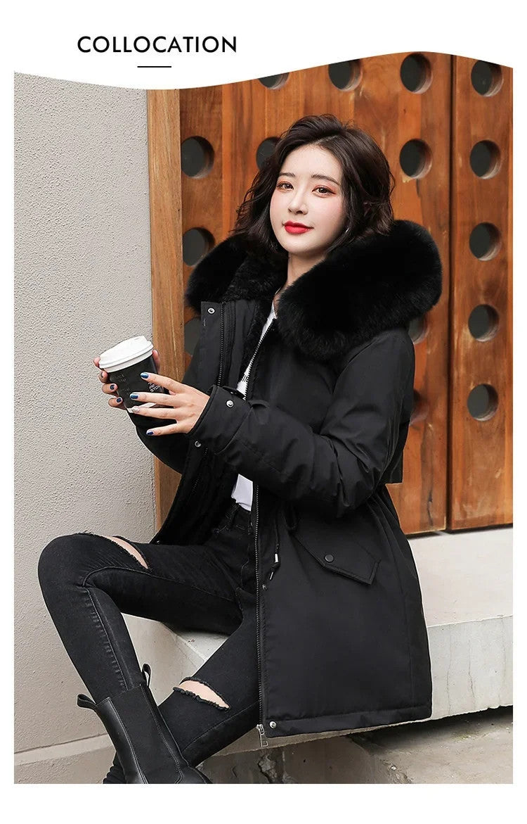 Women's Long Fashionable Hooded Winter Fur Collar Jacket