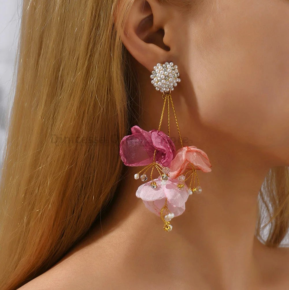 Elegant Fashion Yarn Flower Charm Decor Long Dangle Drop Earrings For Women